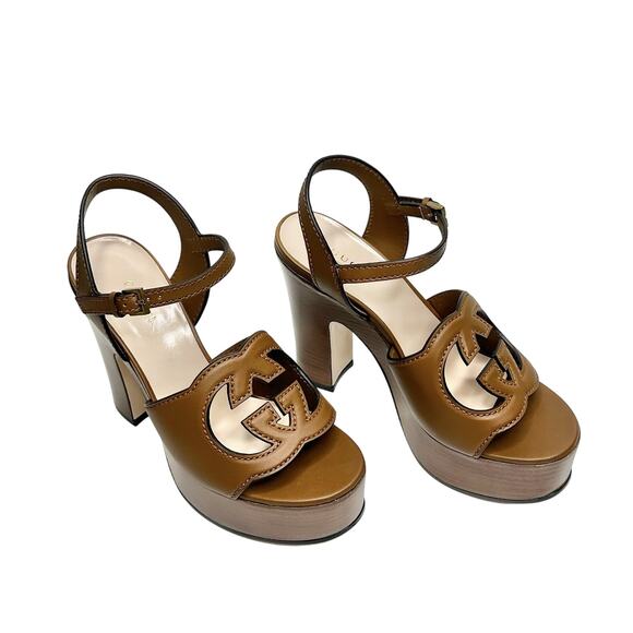Gucci Cutout Interlocking G 36.5/ US 6.5 Platform Sandal Dark Brown Leather NIB - Picture 6 of 15